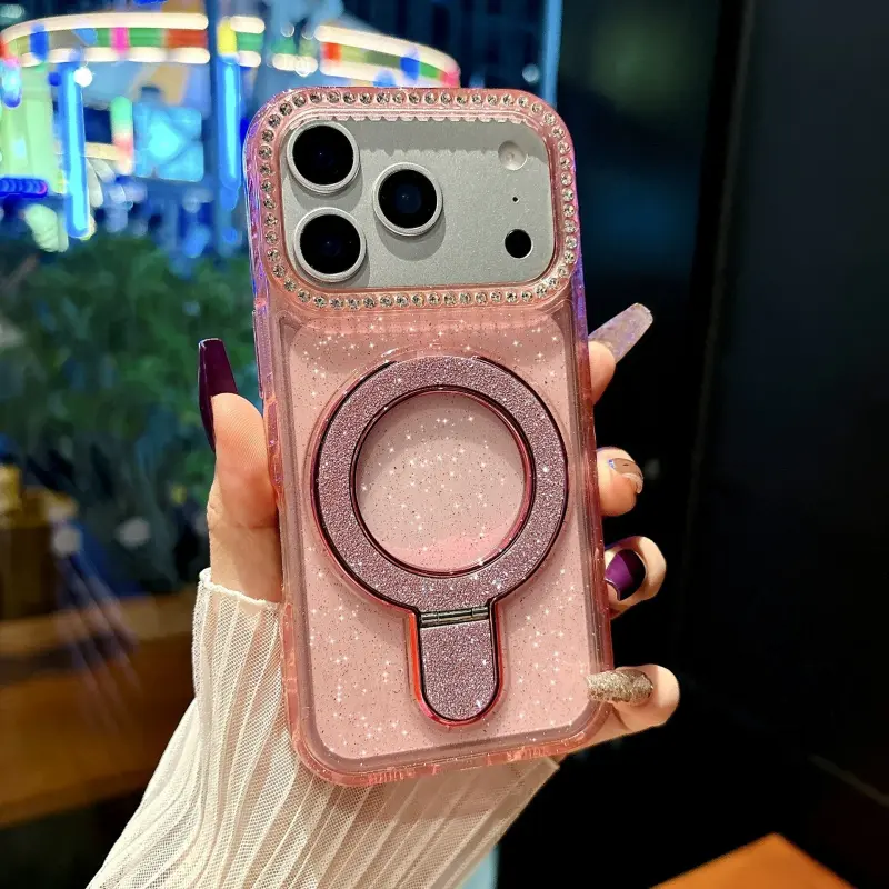 For iPhone 17 16 15 14 13 12 Pro Max Phone Case, Bling Glitter Diamond Phone Case with Ring Stand - Sparkly Rhinestone Shockproof Cover, Clear Glitter Magnetic Kickstand Protective Case for Women Girls, exquisite gift