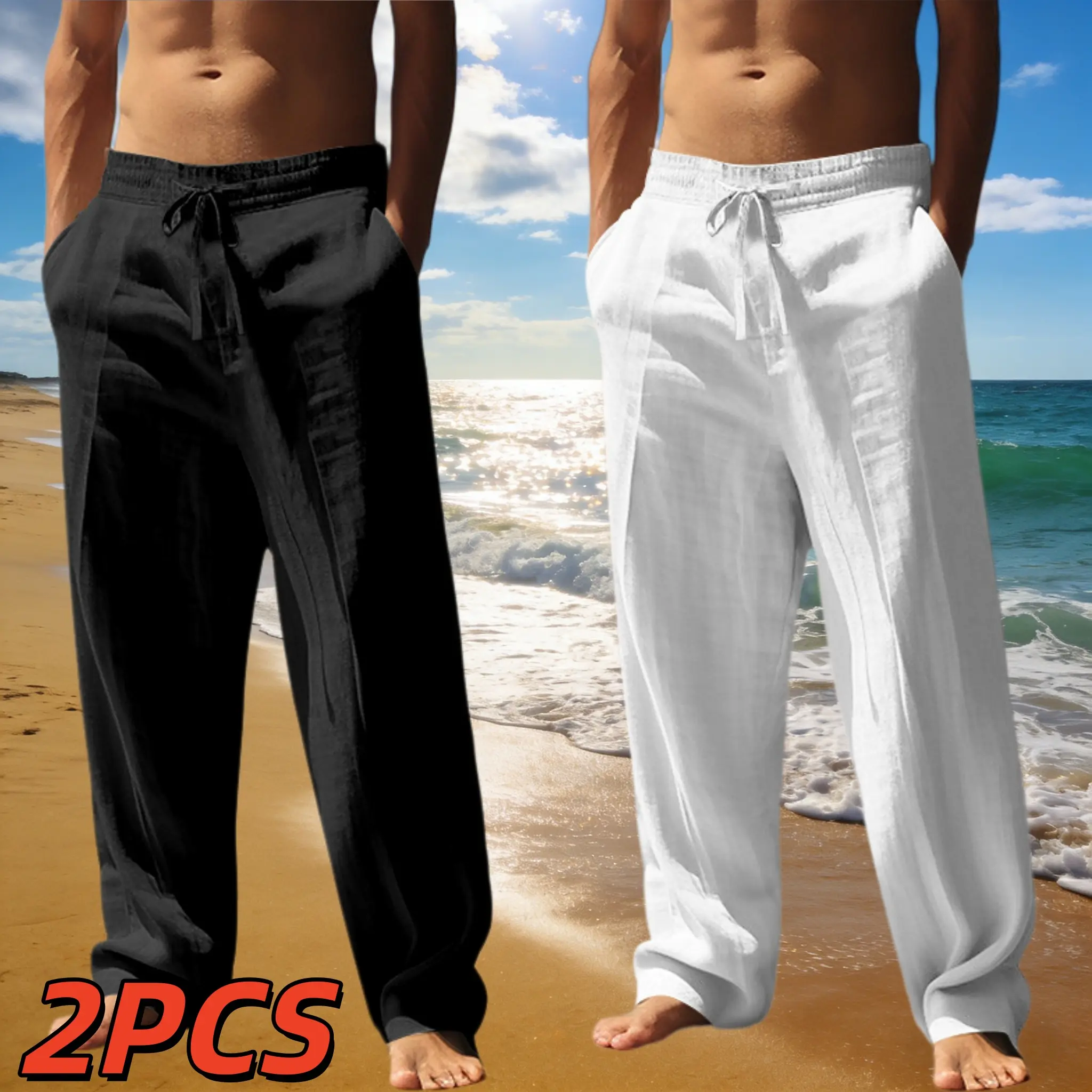 Men's Linen-Cotton Elastic Plain Wide-Leg Pants - Loose Mid-Calf Menswear Bottoms with Adjustable Drawstring Waist, Vacation-Casual Style, Practical Side Pockets, Machine-Washable Summer Wear, Father's Day Gift, Mid-Calf Men's Pants, Loose Men's Pants