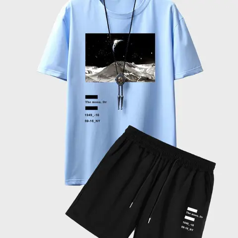 Men's Landscape Print Drop Shoulder Tee & Graphic Drawstring Shorts Set, Regular Fit Round Neck Short Sleeve T-shirt & Elastic Waist Shorts, National Day Clothing, Casual Fashion Cozy Breathable Men Outfits for Summer