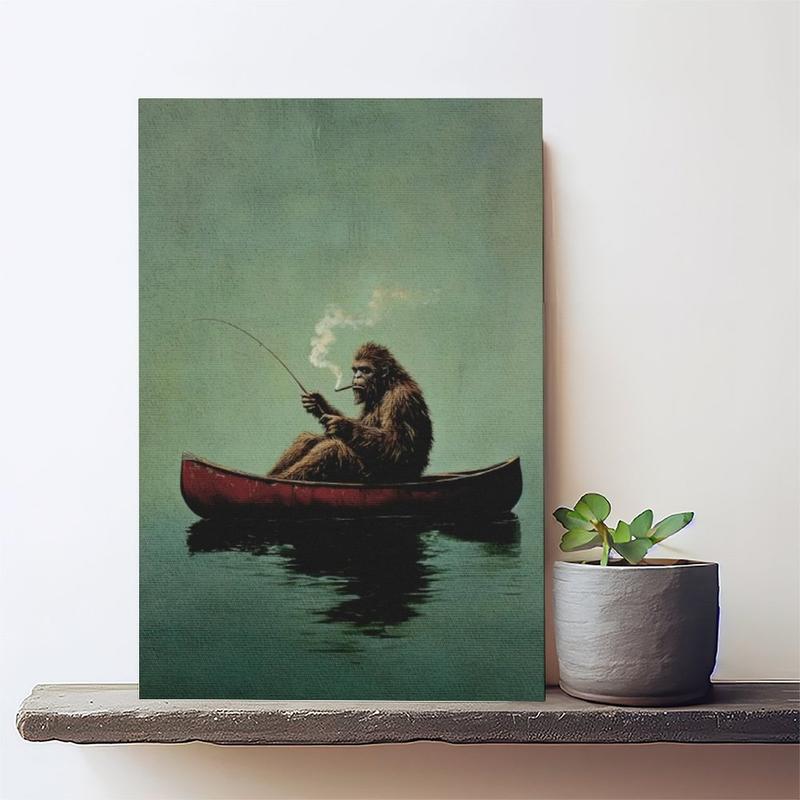 Bigfoot on A Red Canoe Fishing Retro Art Poster Or Canvas Print, Whimsical Sasquatch Wall Art, Lake House Wall Decor, Bigfoot Funny Poster