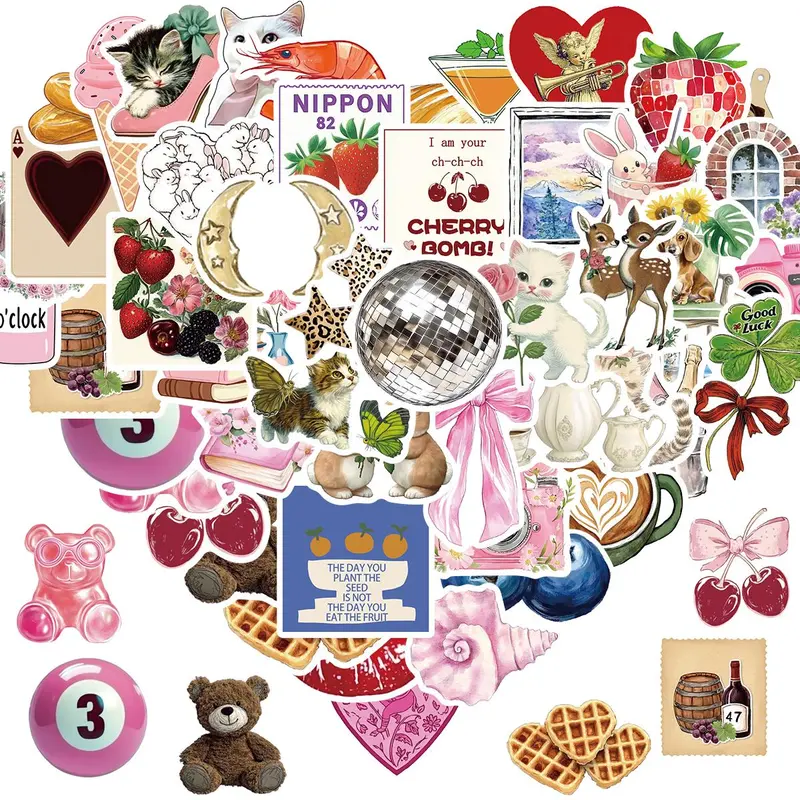 Heart Shaped & Animal & Food Sticker, 50pcs/set Waterproof Self Adhesive Decor Paper Decor Sticker for Gift Greeting Card Water Bottle Laptop Phone Aesthetic Stickers