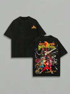 Retro Washed Black Oversized T-Shirt, Mighty Morphin Power Rangers "It's Morphin' Time!" Graphic Print, Casual Short Sleeve, Unisex Streetwear for Men & Women, Loose Fit for Outdoor & Daily Wear