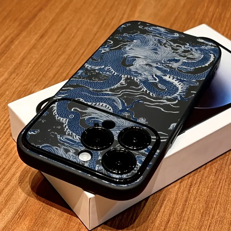 Black phone case window, featuring a blue and white traditional dragon design, with all-around protection and shockproof protection, suitable for iPhone 17/16/15/14/13/12/11/X/XS/XSMAX/16E/17E, is a holiday gift for friends, family, and yourself