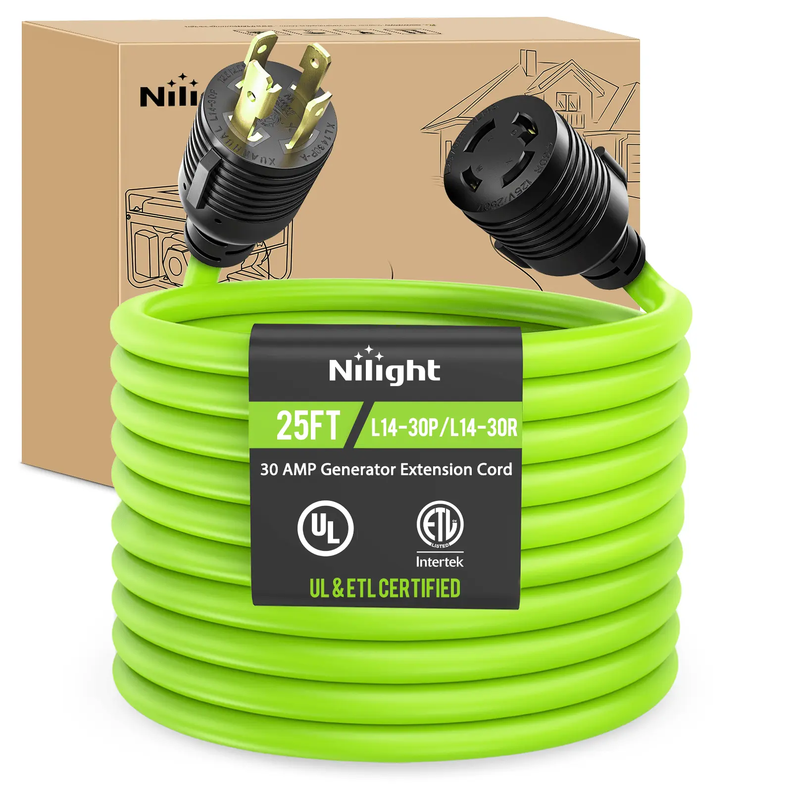 Nilight 30A Generator Extension Cord - 1x25ft 10/3 Gauge Pure Copper STW Wire, 125V 3750W, UL ETL Listed, 4-Prong L14-30P/L14-30R, Heavy-Duty Fluorescent Green, Flexible, Water Resistant, Adjustable Organizer for Motorhome Camping Power Backup Outdoors