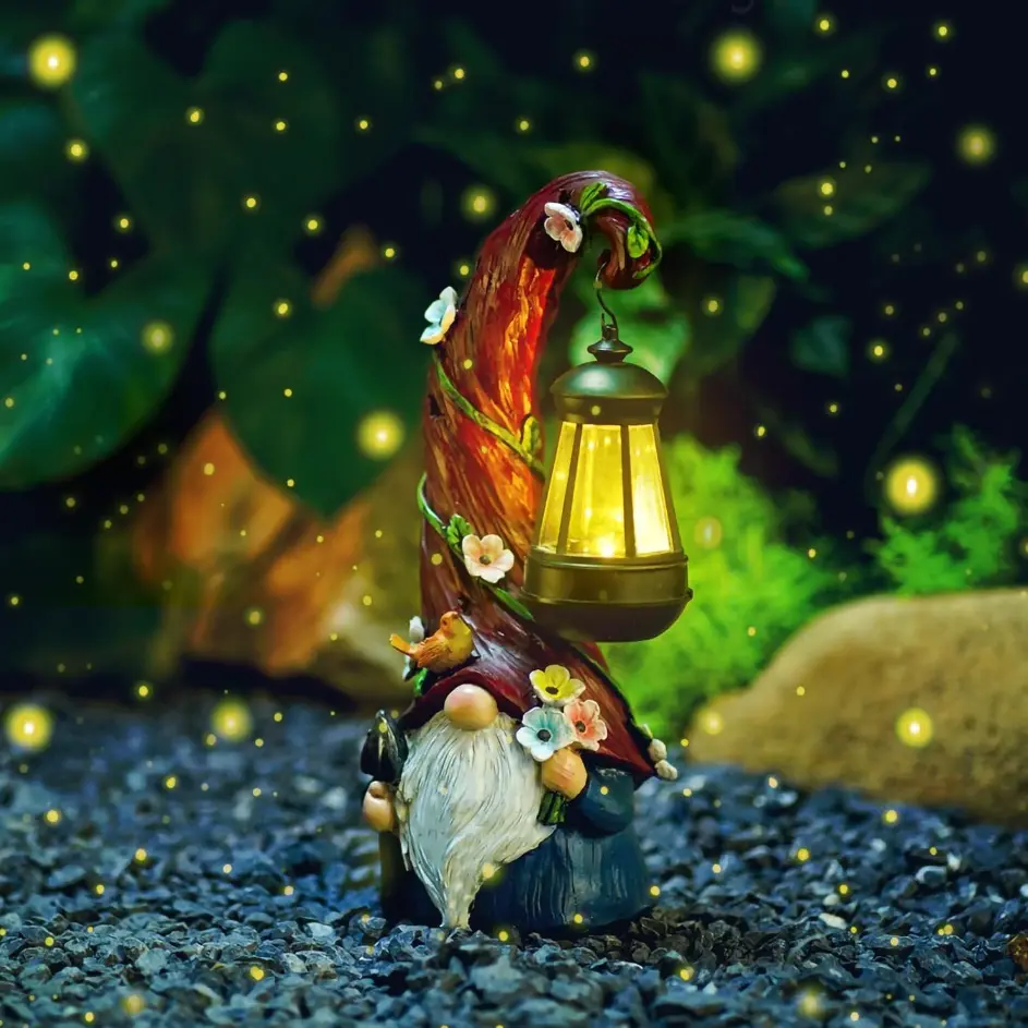 Solar Garden Dwarf Statue with LED Night Light - Waterproof Resin Outdoor Figurine, Flower & Bird Accents - Solar-Powered Lawn Ornament for Garden, Patio - Cute Mom Gift, Mom Gifts