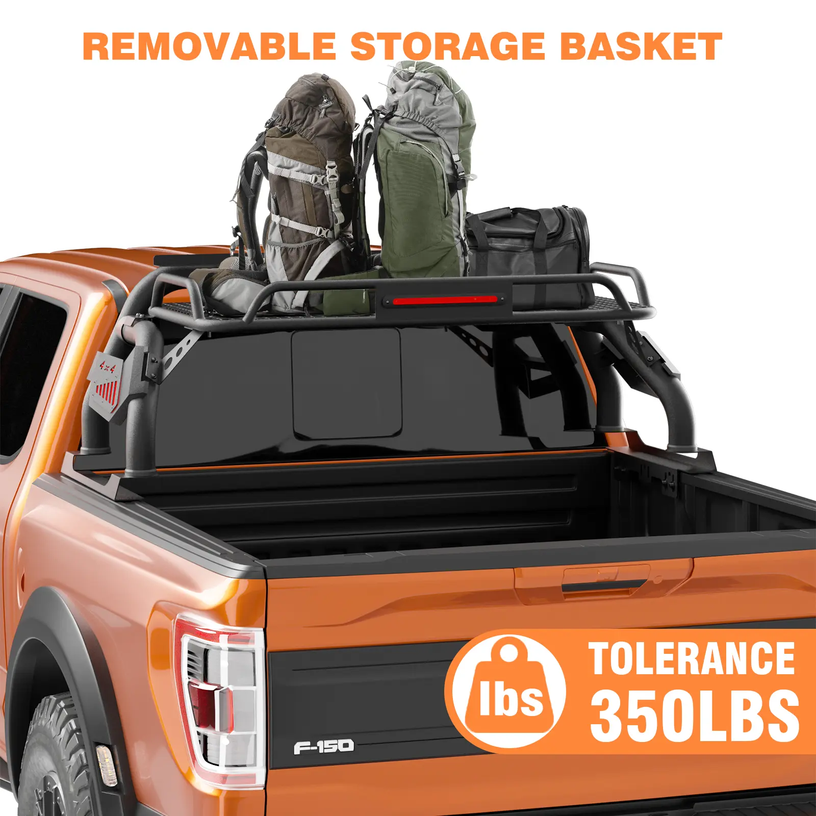 KUAFU Adjustable Roll Bar Chase Rack For Full Size Trucks - Silverado, Ram, F150 Black Steel Cargo Rack