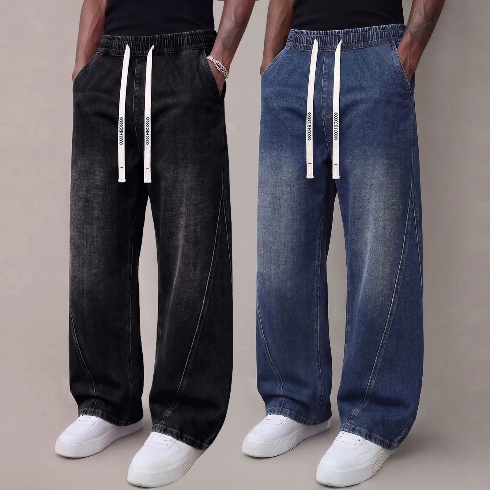 Men’s denim jeans, stretchy thick autumn long pants made from soft, comfortable cotton fabric; loose fit for men; street-style fashion jeans with an elastic waistband and drawstring design.