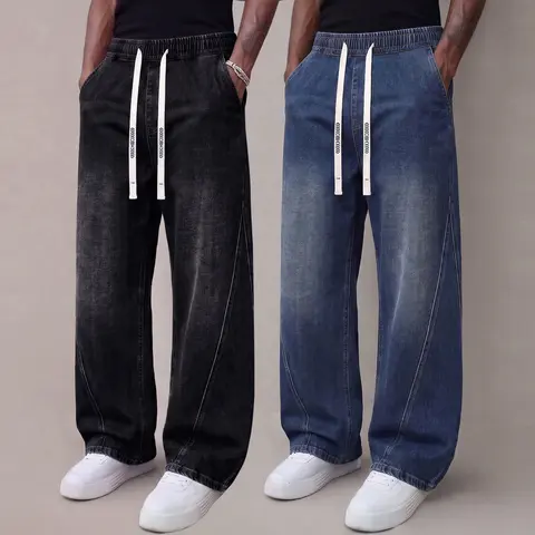 Men’s denim jeans, stretchy thick autumn long pants made from soft, comfortable cotton fabric; loose fit for men; street-style fashion jeans with an elastic waistband and drawstring design.