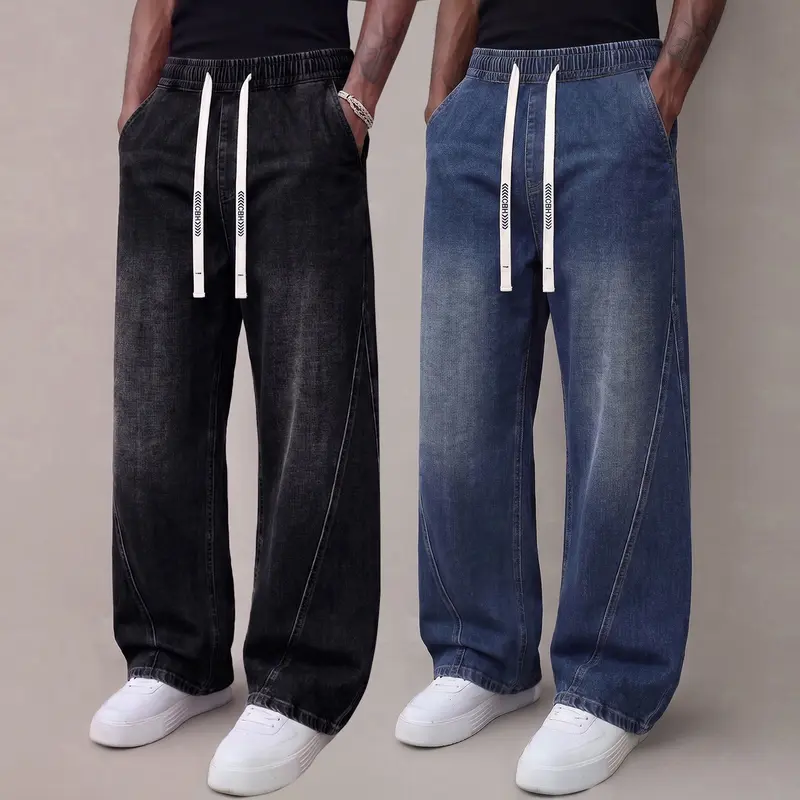 Men’s denim jeans, stretchy thick autumn long pants made from soft, comfortable cotton fabric; loose fit for men; street-style fashion jeans with an elastic waistband and drawstring design.