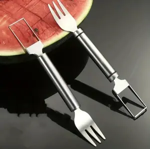 【2 Pack】Watermelon Fork Slicer,Watermelon Slicer Cutter,Watermelon Cube Cutting Tool, 2-in-1 Stainless Steel Fruit Cutter, Dual Head Fruit Forks Slicer Knife with Round Handle,Fruit Cutting Kitchen Utensils,Kitchen Gadgets,Portable Modern