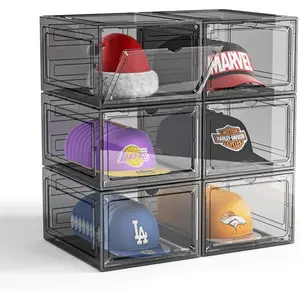 Hat Organizer Box for Baseball Caps, 6 Pack Clear Plastic Hat Storage Box, Hat Holder for Closet, Hat Display Case with  Door, Hat Rack, Snapback Organizer, Hat Case, Hold 8 Cap Each
