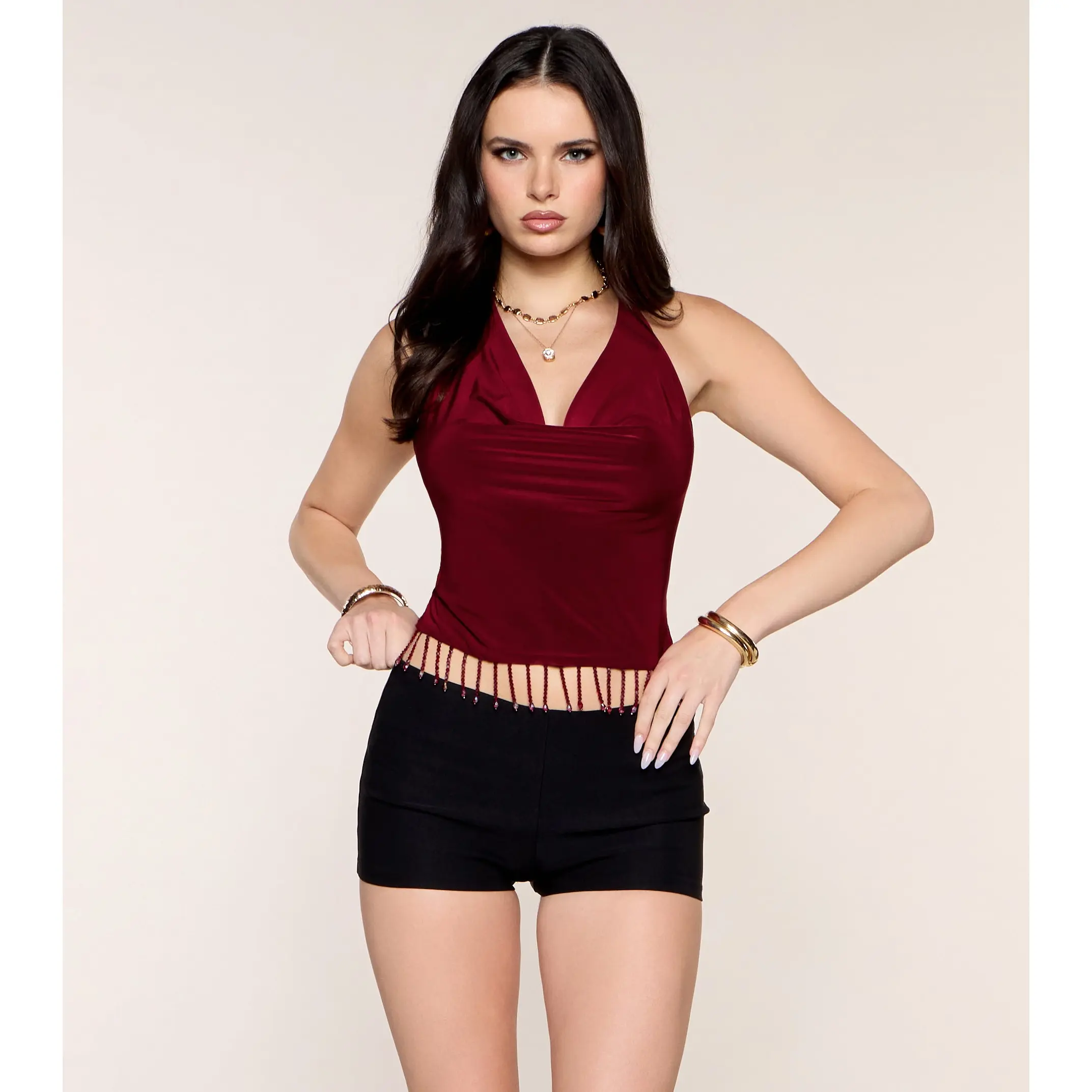 Mood Shift Beaded Fringe Halter Top