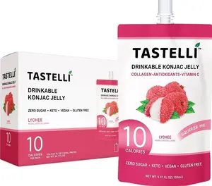 Tastelli Konjac Jelly Infused with Collagen Drink + Vitamin C + Antioxidants / 10 Calories, Vegan, Zero Sugar/Healthy Drinkable Dessert Pouch / (Lychee) - 150mL x 10 Pouches