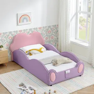 Bellemave Cloud-Shaped PU Leather Toddler Bed with Guardrail, Safe Preschool Bed, Cartoon Design and Storage Bag, Unique Bedroom Furniture, Fluffy Cloud Bed