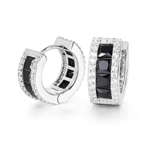 【#E229B】New Black Synthetic Moissanite Hoop Earrings For Women Men Round D Color VVS Sterling Silver Earrings Birthday Fine Jewelry Gifts