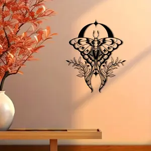 Mysterious Moth Moon Phase Decorative Metal Wall Art, Artwork for Walls, Gothic and Bohemian Style Home Decor, Decoration, Rural Style, Spooky Halloween Accent, Unique Iron Craftsmanship