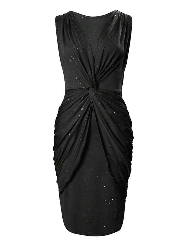 Glitter Sleeveless Twist Design V Neck Slim Fit Sexy Party Mini Dress For Women Black Contrast Sequin Bodycon Knee Length