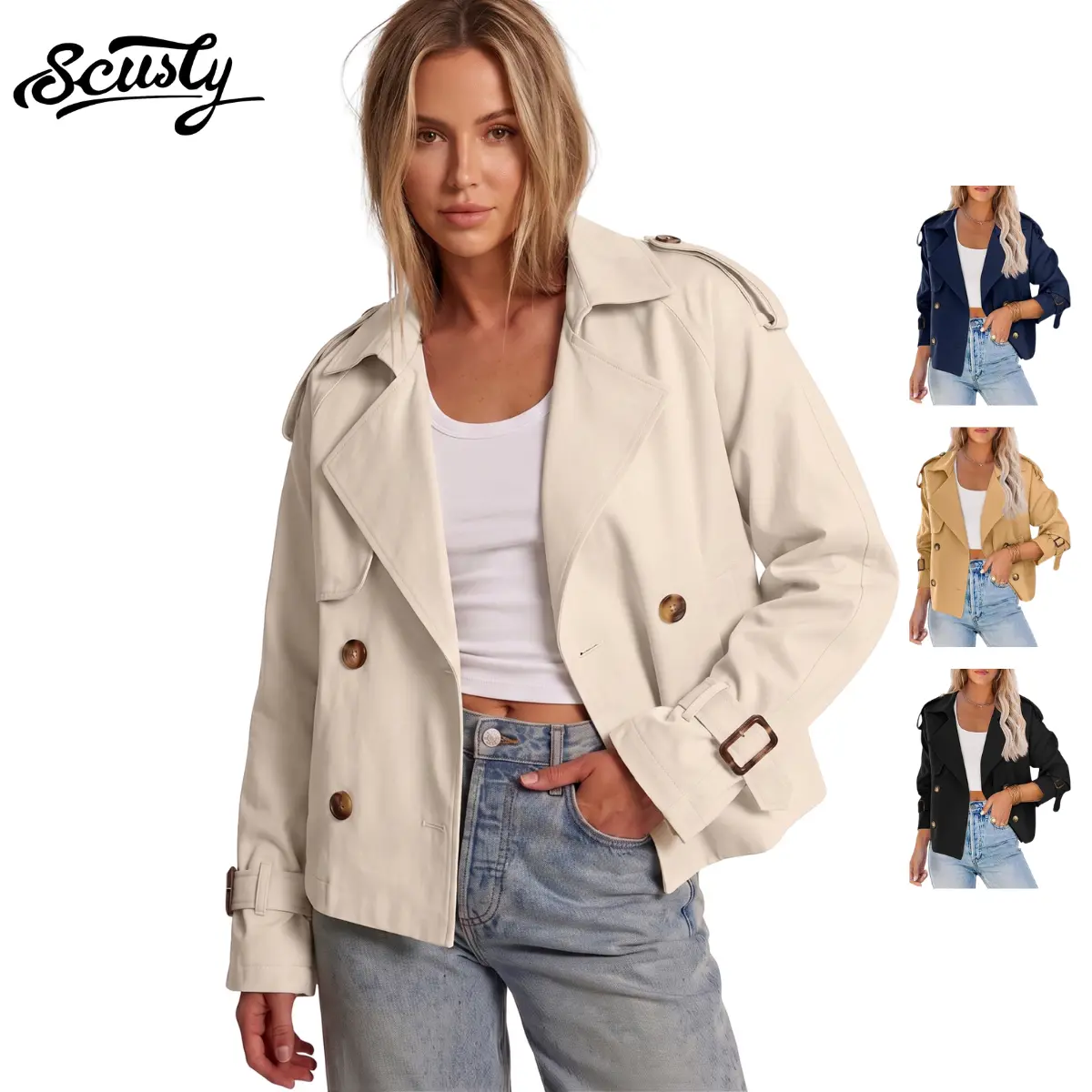 SCUSTY Women's Solid Color Cropped Double Breasted Trench Coat Raglan Sleeve Lapel Windproof Lightweight Work Office Short Jacket Versatile Casual Daily Vacation Outerwear with Deep Functional Side Pockets
