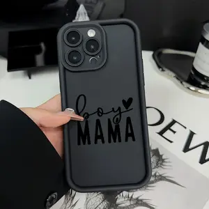 Creative Boy Mama Text & Heart Pattern Anti-Drop Protective Soft Case Cover Cellphone Accessories for iPhone 11/12/13/14 Pro Max/15 Pro/16 Plus/16 Pro Max, High Bamboo Tpu
