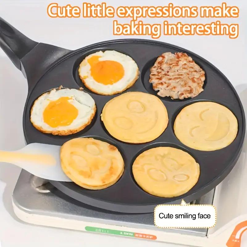 7-hole Non-stick Pancake Pan Egg Frying Pan Mini Detachable Handle Pancake Skillet Non-stick Aluminum Material 7 Unique Smiley Face Designs Easy to Clean Perfect for Kids' Breakfast Smiley Face Egg Pan with Cool-touch Handle