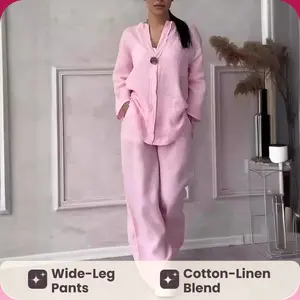 Women's 2-Piece Cotton-Linen Casual Suit, 2026 Chic Elegant Long Sleeve Loose Top & Wide-Leg Pants, Comfortable Plus Size Women's Clothes for European and American Styles