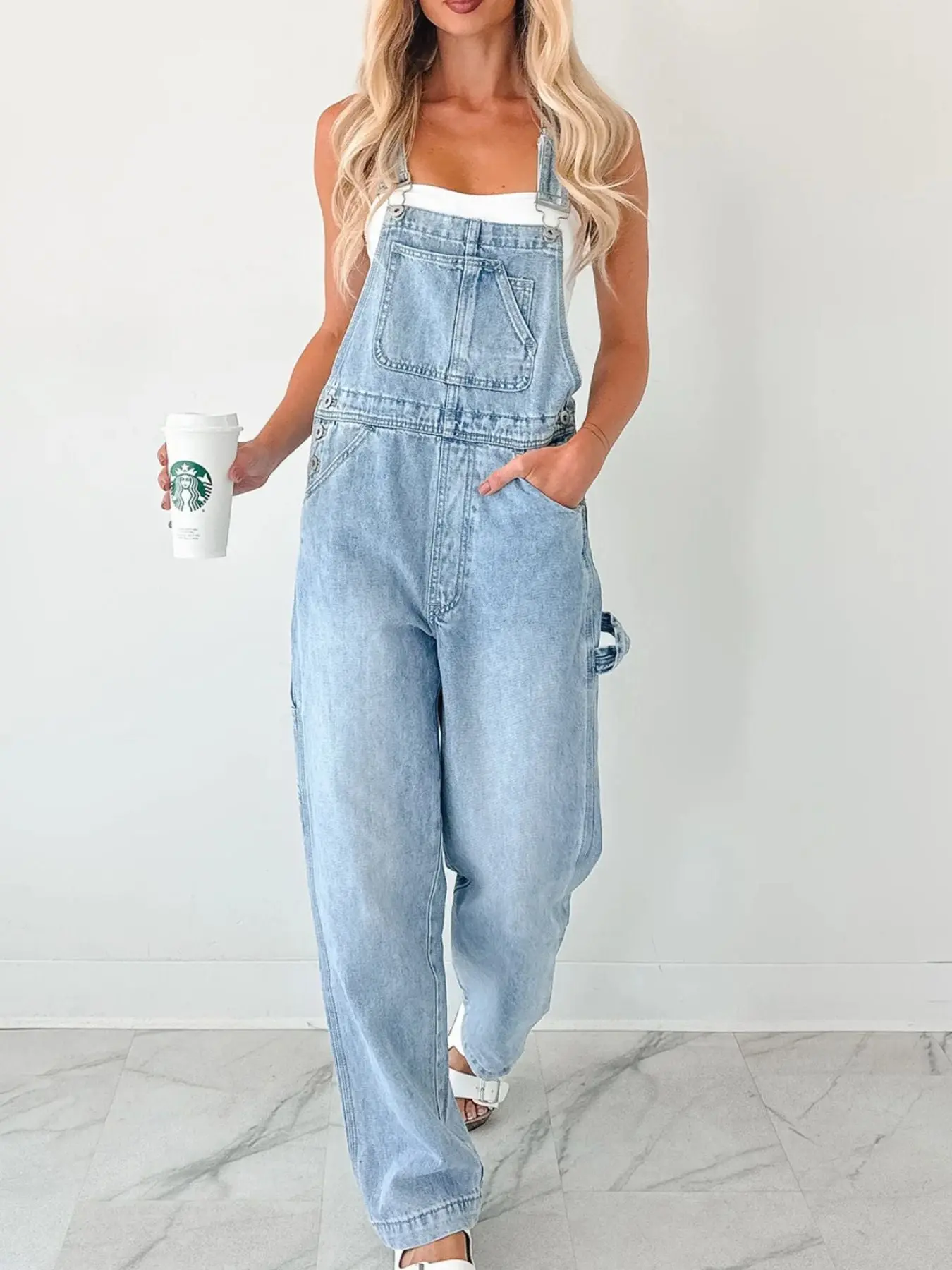 Wide Strap Relaxed Fit Denim Overalls