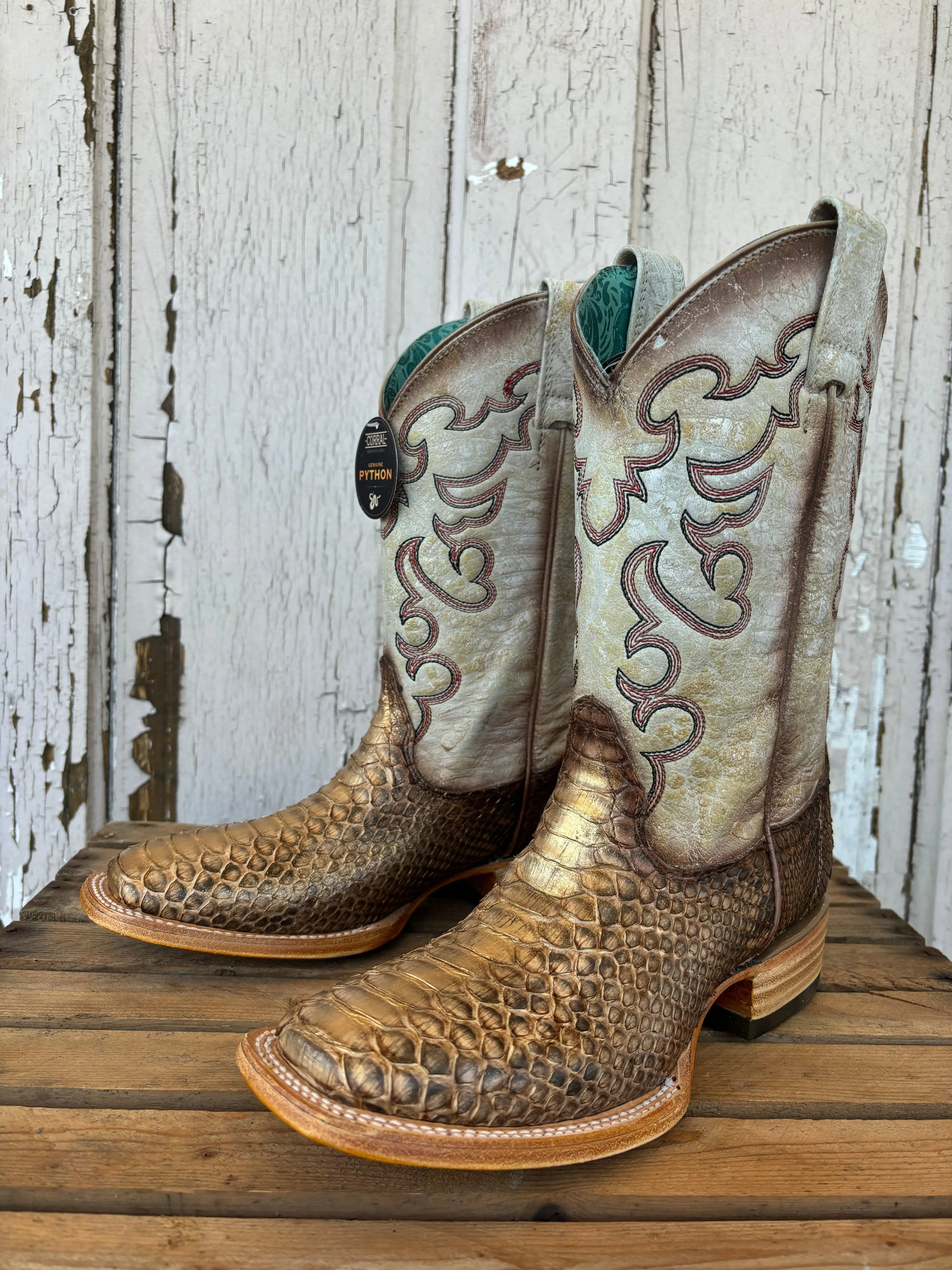 Corral Women's Taupe & Beige Python Embroidered Square Toe Cowgirl Boots B5507