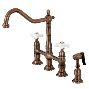 Kingston Brass  Heritage Bridge Kitchen Faucet with Brass Sprayer, Antique Copper