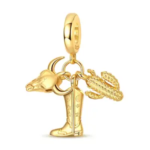 MULA 14K Silver-plated Western Cowboy Pendant – A three-in-one pendant bead featuring a desert cactus, cowboy boots, and a bull skull, a perfect gift for women and Texas girls.