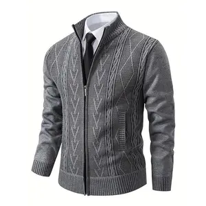 Men’s geometric print zip-up knit cardigan, regular fit casual long-sleeve stand-collar knitted sweater for spring and autumn, fashionable men’s everyday knitwear