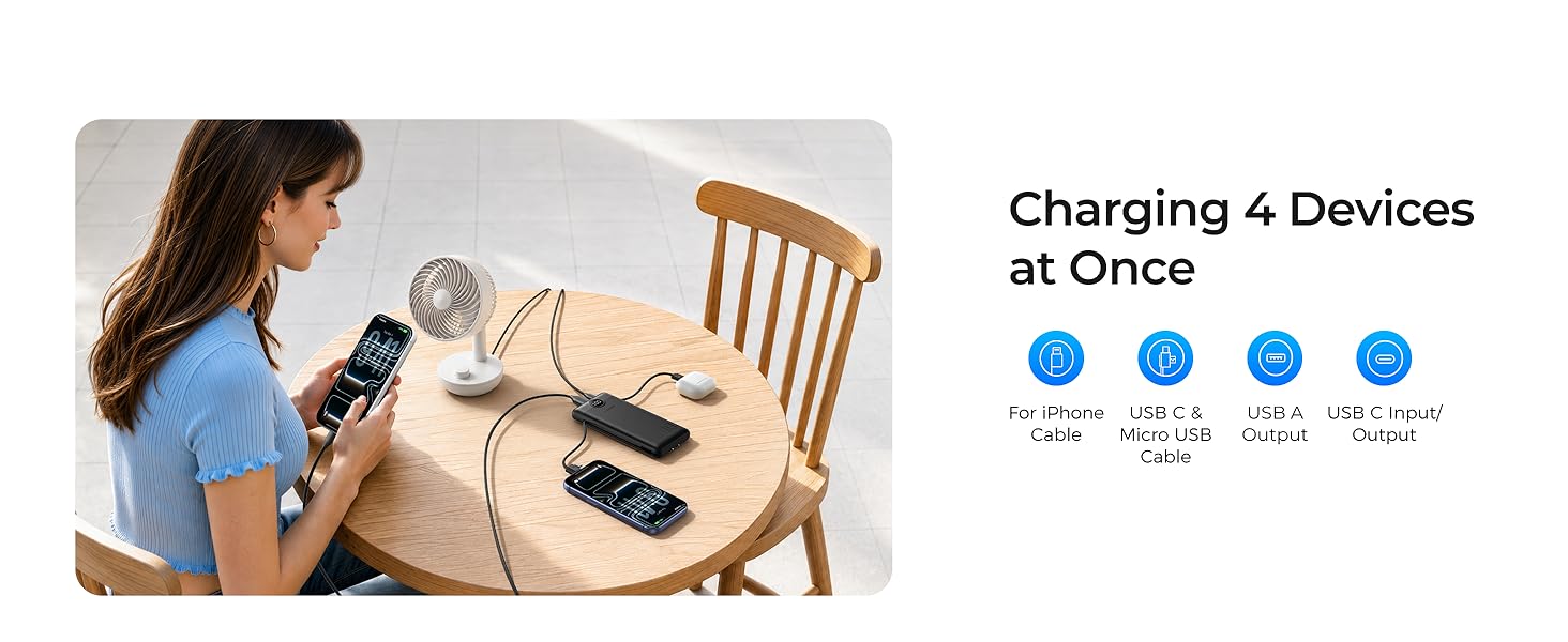 VEGER Portable Charger, with Built-in Data Cable and AC Power Plug, 10,000mAh Power Bank, Portable Phone Charger for Travel and Outdoor Use, Lightweight and Compact External Battery Pack Designed Specifically for Smartphones and Tablets