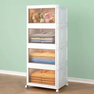 4-Layer Storage Box with Lid, 23QT Stackable Wardrobe Storage Box and Storage Box with Wheels, Foldable Storage Box, Foldable Plastic Storage Container Suitable for Home, Office, Dorm Room - White