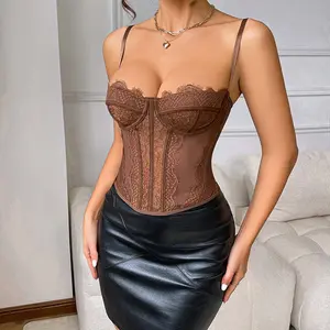 Women Lace See Through Fishbone Corset Spaghetti Strap Sexy Tight Bustier Corsets Elegant Ladies Solid Color Casual Bodice Tops