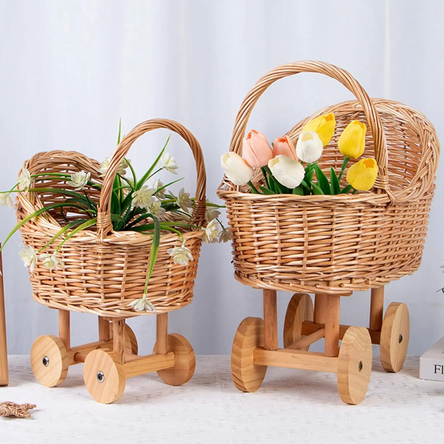 Vintage Handmade Wicker Rattan Hollow Classic Stroller Planter Basket - Self-Assembly with Tools, Fruit Box, Floral Stand Beauty, Home Organizer, Baby Shower Gift, Handmade Charm
