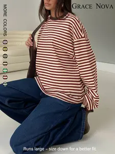 Women's Casual Autumn and Winter Striped Extra-long Sleeve Cuff Top, Fall & Winter Fitted O-Neck Blouse, Daily Wear Fashion, Comfortable and Stylish, Womenswear