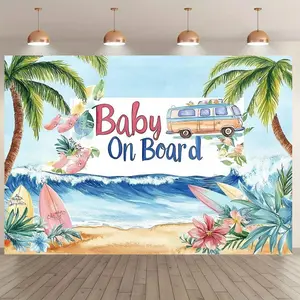 Summer Beach Theme Party Banner, 1 Count Baby on Board Pattern Backdrop, Photo Props Background Cloth for Indoor & Outdoor, Home Decoration
