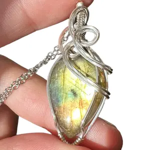 Sterling Silver Wire Wrapped Labradorite Teardrop Crystal Triangle Bezel Pendant