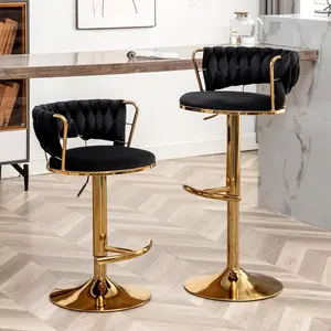 Velvet Bar Stools Set of 2, Adjustable Barstools Counter Height Barstools with Low Back, 360° Swivel Gold Bar Stool for Kitchen Island, Pub