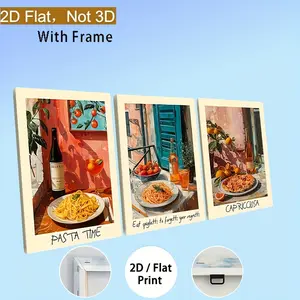 3-piece framed decorative wall art with wooden frames, not 3D, the product is flat/2D in nature, made of wood, featuring vintage spaghetti, pizza, and wine posters, original art paintings of Italian cityscapes, posters with inspirational Italian quotes, v