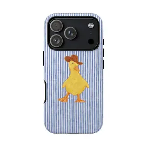 Cowboy Duck iPhone Case, Cute Western Phone Cover, Aesthetic Blue Stripe Design, Compatible with 17/16/15/14/13/12/11Pro/Plus/Pro Max & Samsung Galaxy Series Slim Case Pink Shockproof Magnetic Lens Protector Military Grade Rotating Camera Anti-drop Strap