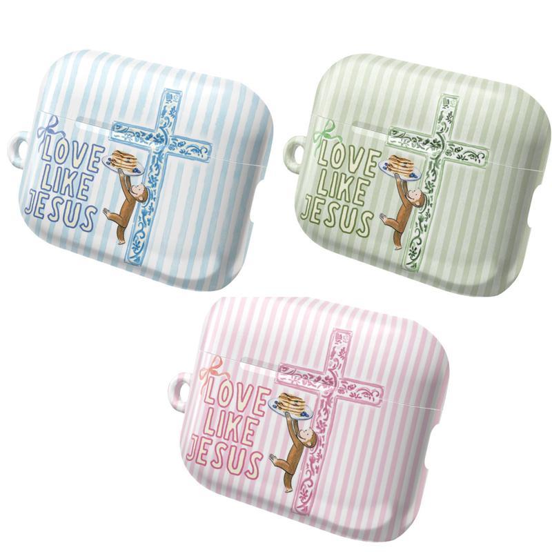 Coquette Curious George “Love Like Jesus” AirPods Case – Cute Christian Faith Cover – AirPods Pro/Pro 2, AirPods 1/2/3/4 Case– Inspirational Gift for Her & Him