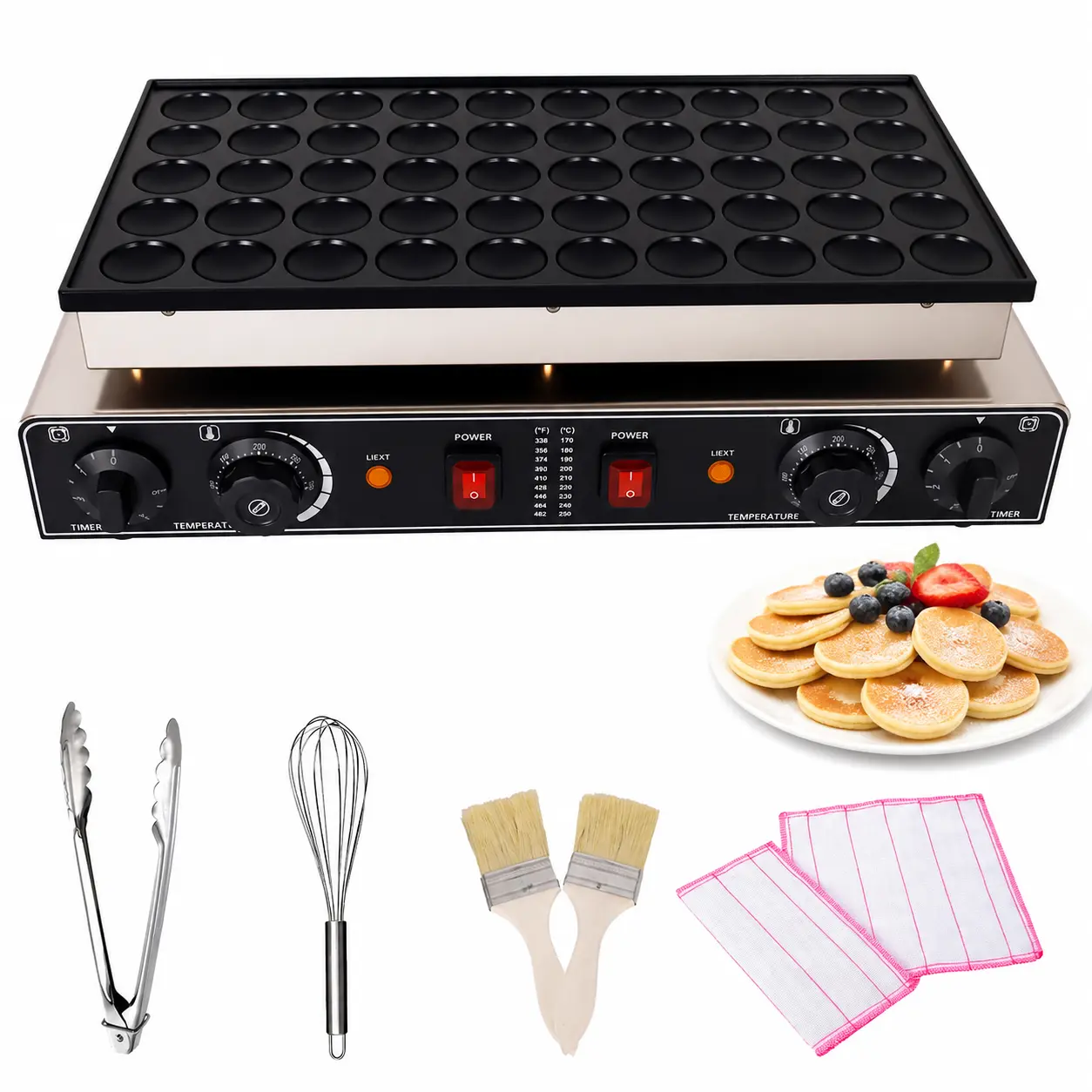 Commercial 50-Piece Nonstick Mini Dutch Pancake Maker - Stainless Steel, 110V, 1800W Poffertje Baker with 5-Minute Timer for Restaurants, Desserts (Hardware Tool)