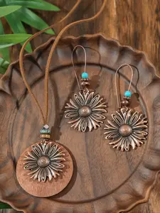 3Pcs Vintage Style Women's Earrings Necklace Set, Bohemian Jewelry Sunflower Irregular Geometric Round Alloy Earrings Large Hook Pendant Necklace