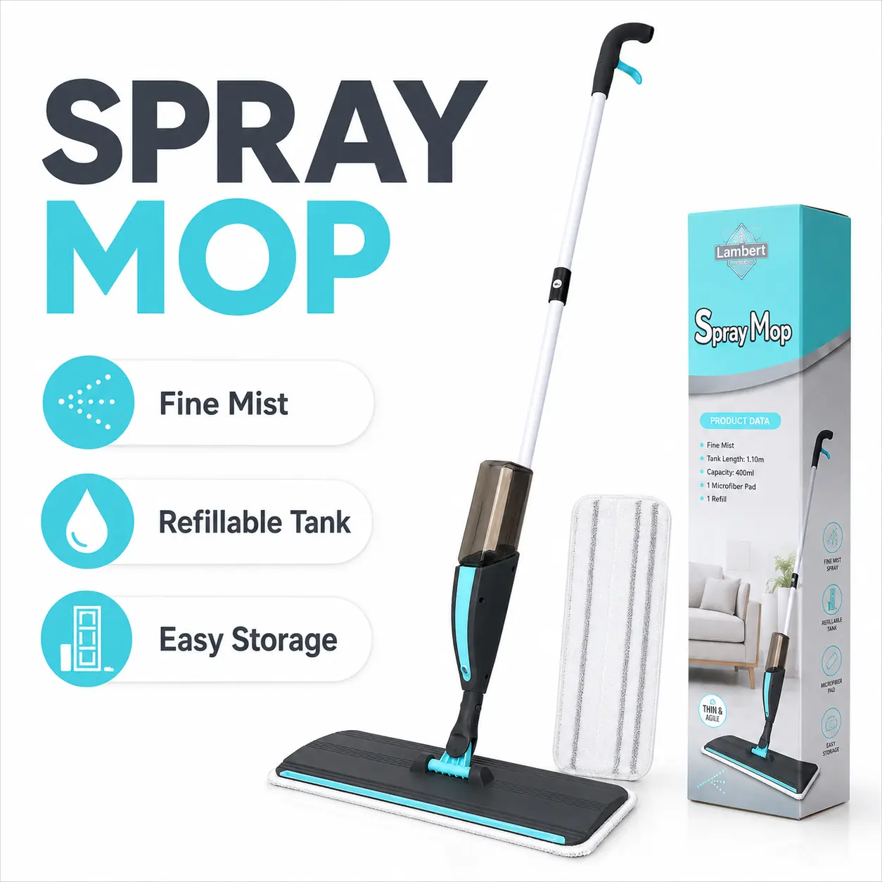 Spray Mop for Floor Cleaning - 50" Extended Flat Mop Cloth & Pad with 400ml Refillable Tank & 2 Washable Microfiber Pads | Wet Dry Dust Mop for Hardwood, Tile, Laminate & Vinyl Floors | Lightweight Home Cleaning Supplies