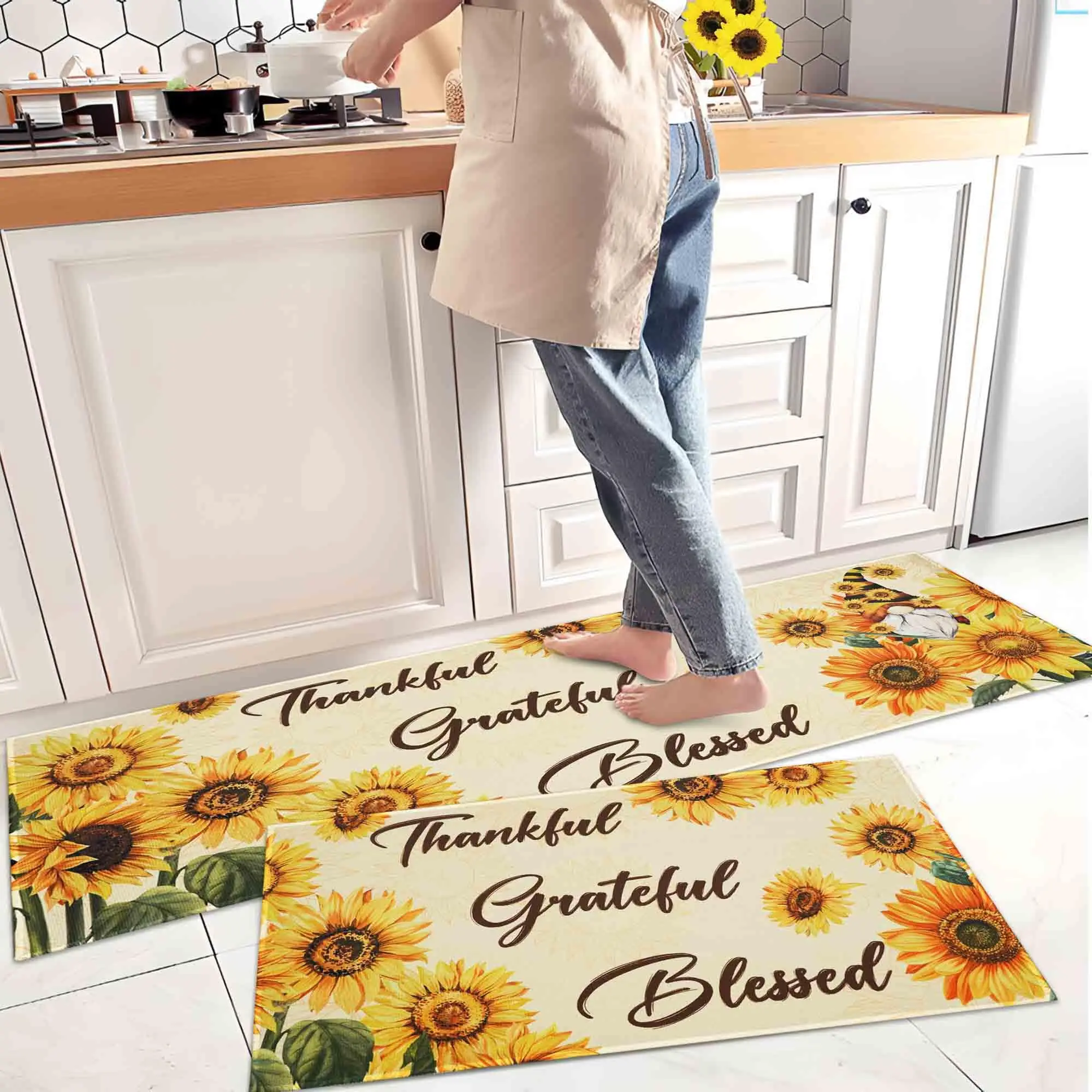 Sunflower Kitchen Rugs Set Of 2 Spring Summer Yellow Flowers And Mats Non Skid Washable Farmhouse Runner With Rubber Backing 17"x47"+17"x30"