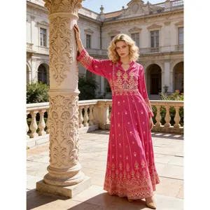 Vibrant Magenta Ethnic Print Maxi Dress Elegant Gold Motif Boho Gown | Size Inclusive S-XL | Perfect for Wedding Guest, Dinner Party & Tropical Vacation