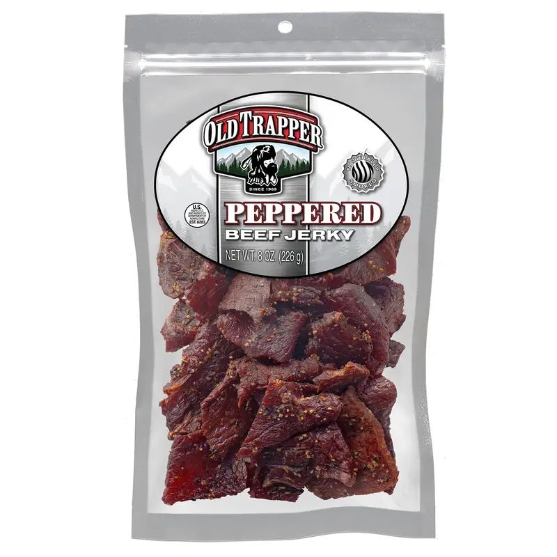 Old Trapper Beef Jerky, Peppered 8 Ounce Pack, Spicy Meat Snacks for Lunches or Between Meals, 11 Grams of Protein, Zero Grams of Fat, and 70 Calories per Serving (Pack of One)