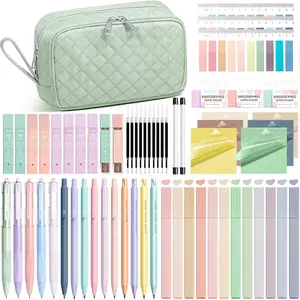 62 count Aesthetic School Supplies with Cute Pencil Case, Pastel Highlighters Black Ink Gel Pens Mechanical Pencils Kit,  to School Supplies College Essentials Preppy Stationary Set for Student Girls