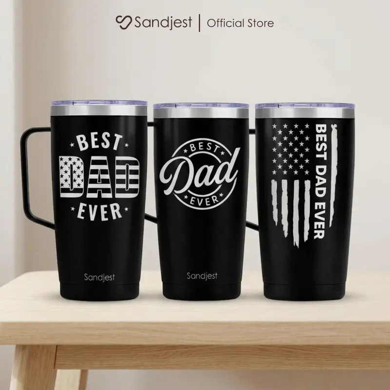 SANDJEST Dad 20oz Stainless Steel Tumbler with Handle & Lid, Double Wall Vacuum Flask Insulated Coffee Cup, Car Cup Holder Friendly, Ideal for Travel Camping BBQ, Gifts for Father's Day Him Men Christmas