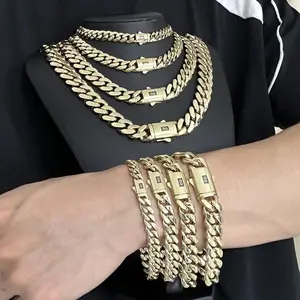 Set 2pcs 14K Gold Vacuum Plated Stainless Steel With Copper Black "S" Ear Clasp Miami Cuban Link Chain 8-14mm Necklace & Bracelet Italy Mexico & Micro Inspired for Women & Men Luxury Jewelry,Daily Wear,Fashion,,Classic,Hip Hop